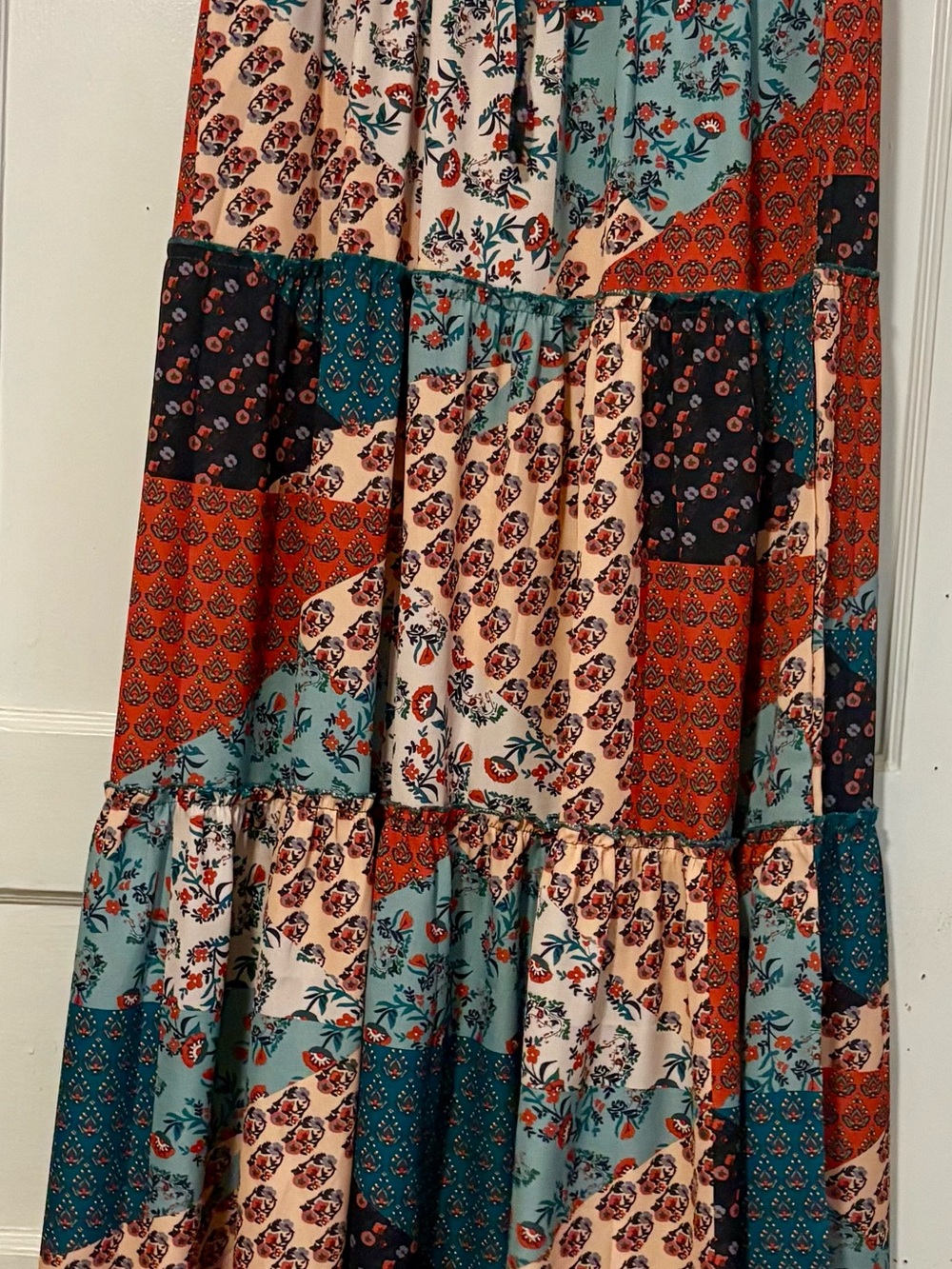 Boho Patchwork Maxi Skirt - Teal, Rust & Cream. Size medium. - Picture 4 of 7